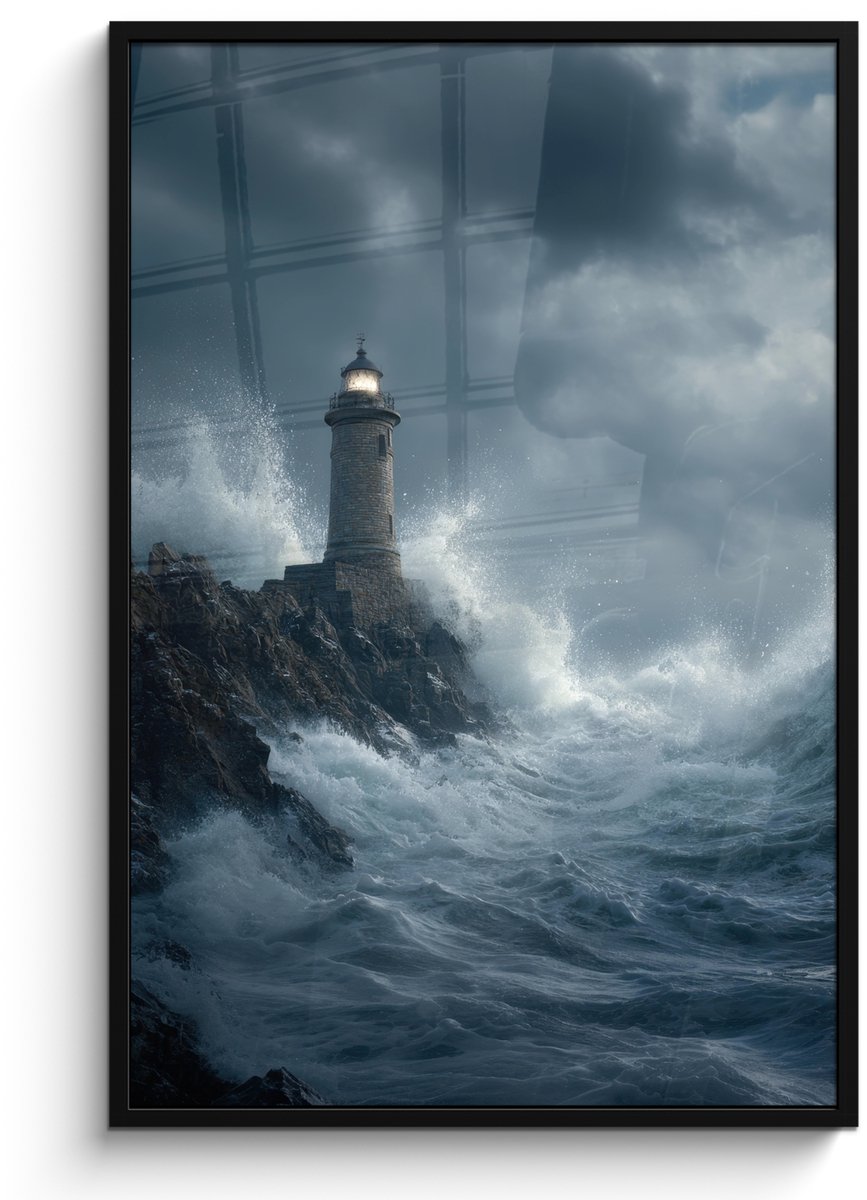 FrameYourWall Poster in lijst - Fotolijst 80x120 cm - Posters - Rotsen - Vuurtoren - Golven - Klliffen - Posterlijst zwart - Decoratie - Wanddecoratie woonkamer - Muurdecoratie slaapkamer Rotsen - Golven - Vuurtoren