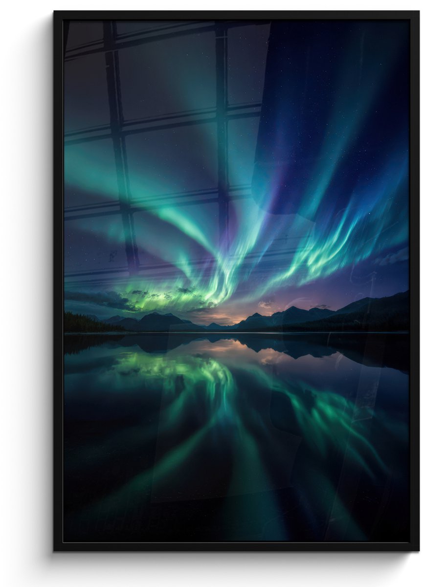 FrameYourWall Poster in lijst - Fotolijst 80x120 cm - Posters - Noorderlicht - Kleurrijk - Bergmeer - Posterlijst zwart - Decoratie - Wanddecoratie woonkamer - Muurdecoratie slaapkamer Noorderlicht - Meer - Bergen
