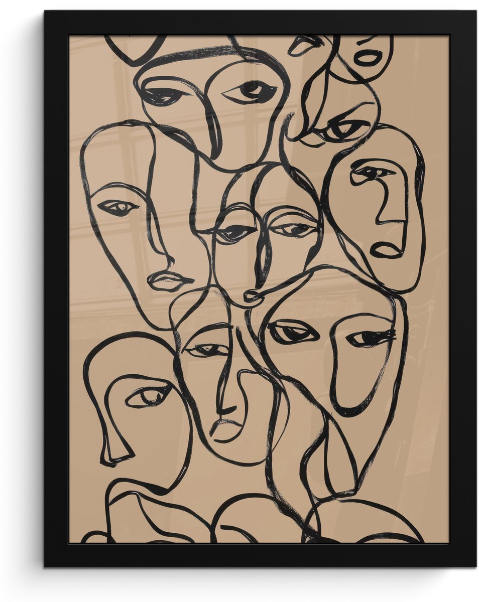 FrameYourWall Poster in lijst - Fotolijst 30x40 cm - Posters - Gezichtenzee - Lijntekening - Abstract - Posterlijst zwart - Decoratie - Wanddecoratie woonkamer - Muurdecoratie slaapkamer Gezichten - Lijntekening