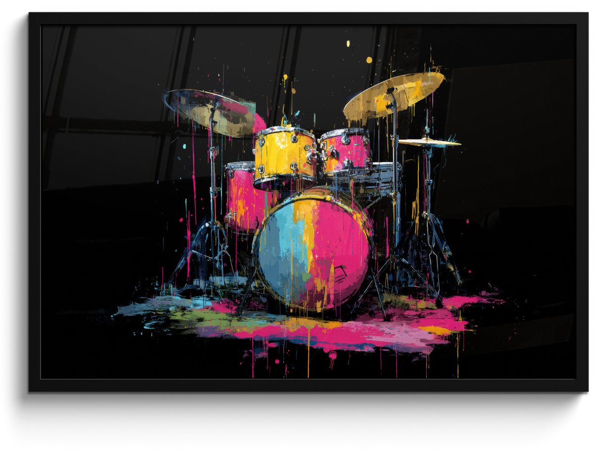 FrameYourWall Poster in lijst - Fotolijst 90x60 cm - Posters - Drumstel - Kleurrijk - Verf - Levendig - Posterlijst zwart - Decoratie - Wanddecoratie woonkamer - Muurdecoratie slaapkamer