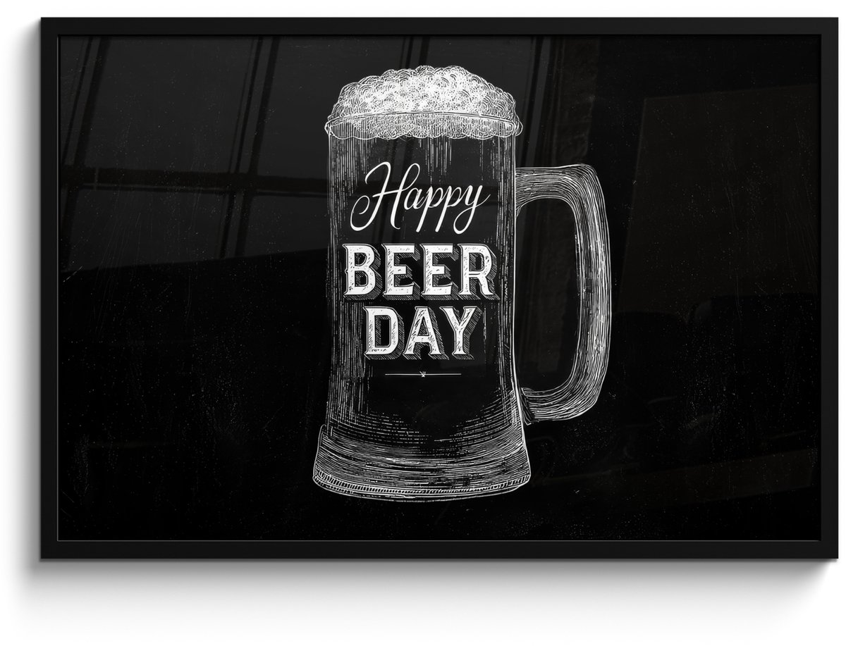 FrameYourWall Poster in lijst - Fotolijst 90x60 cm - Posters - Bierpul - Witte krijtletters - Happy beer day - Posterlijst zwart - Decoratie - Wanddecoratie woonkamer - Muurdecoratie slaapkamer Bierpul - Happy beer day