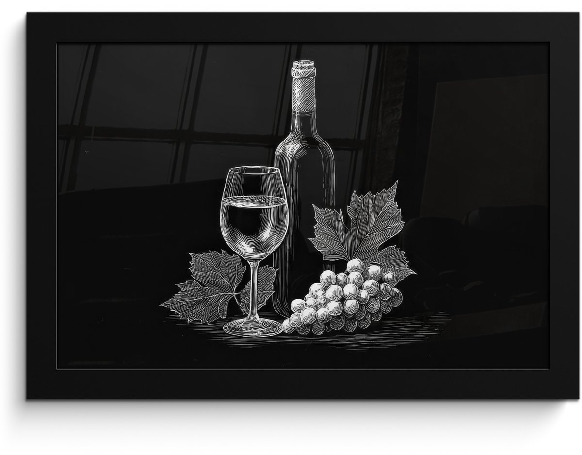FrameYourWall Poster in lijst - Fotolijst 30x20 cm - Posters - Wijnfles - Glas - Druiven - Bladeren - Posterlijst zwart - Decoratie - Wanddecoratie woonkamer - Muurdecoratie slaapkamer Wijnfles - Druiven