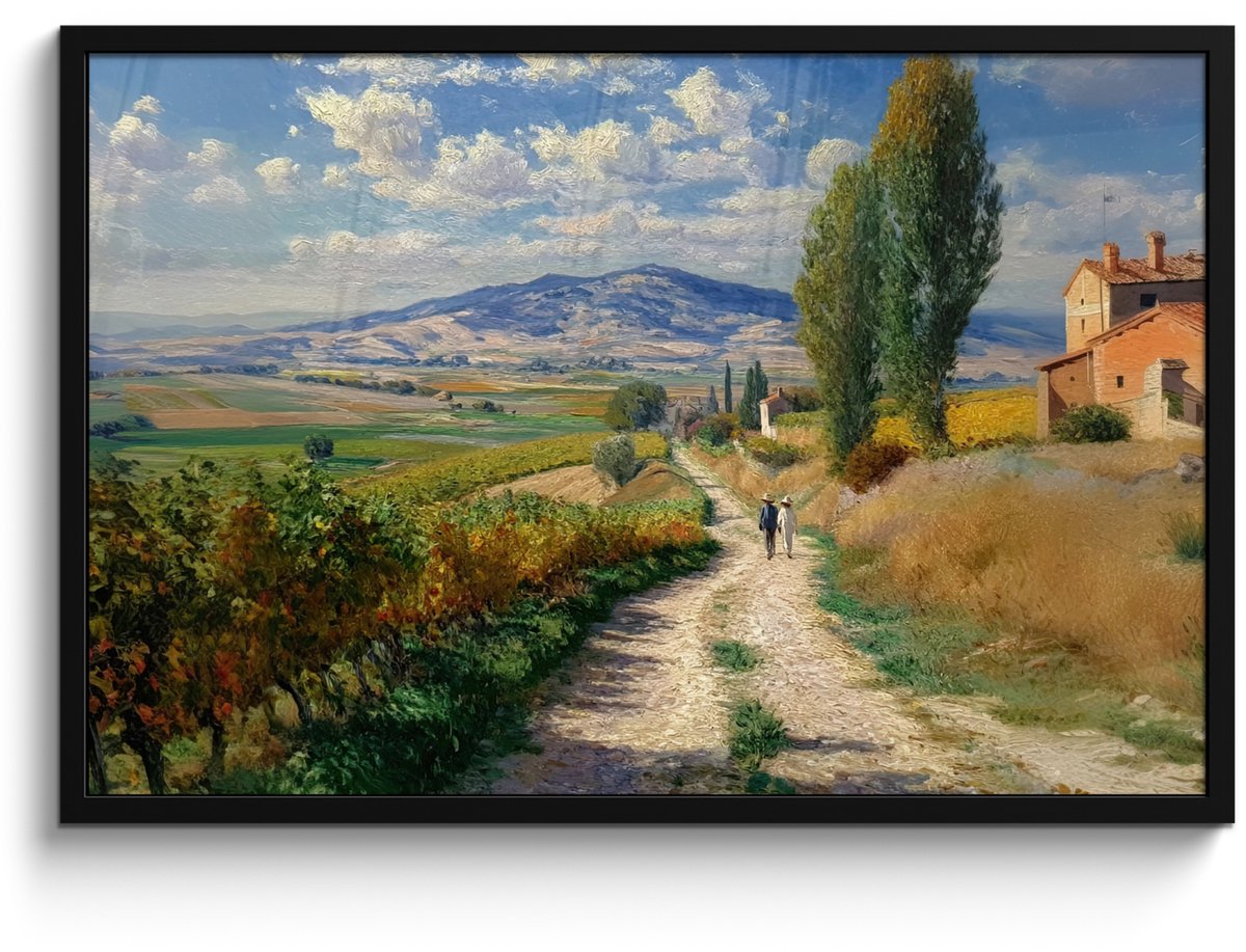 FrameYourWall Poster in lijst - Fotolijst 90x60 cm - Posters - Mensen - Wandelen - Zandpad - Velden - Posterlijst zwart - Decoratie - Wanddecoratie woonkamer - Muurdecoratie slaapkamer Zandpad - Velden - Bergen