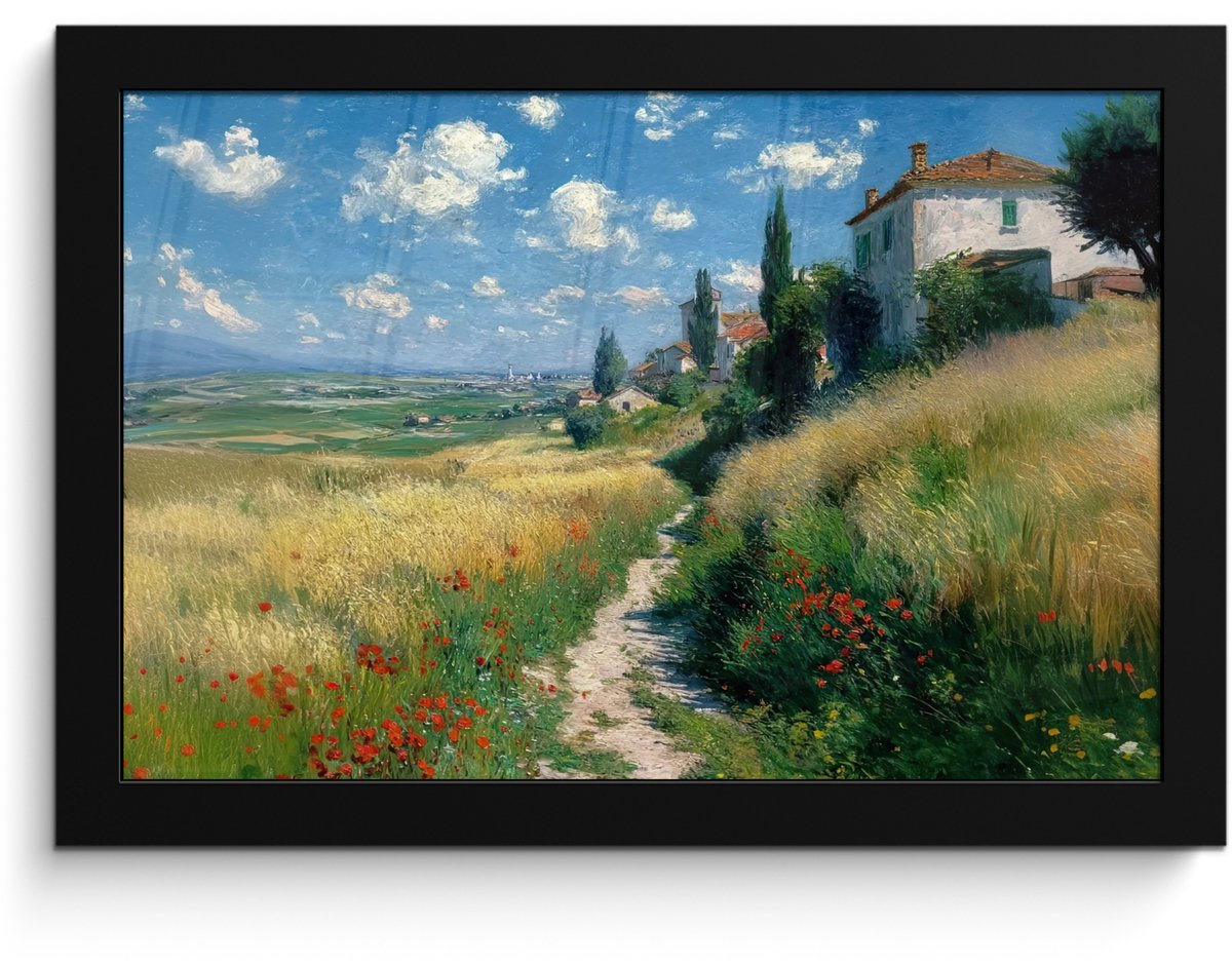 FrameYourWall Poster in lijst - Fotolijst 30x20 cm - Posters - Zandpad - Huis - Bomen - Grasveld - Posterlijst zwart - Decoratie - Wanddecoratie woonkamer - Muurdecoratie slaapkamer
