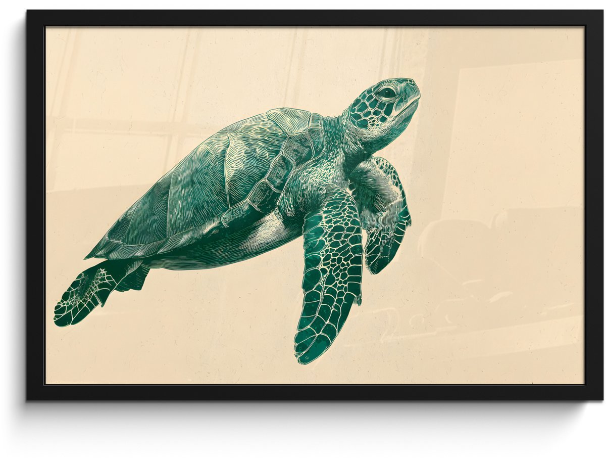 FrameYourWall Poster in lijst - Fotolijst 60x40 cm - Posters - Schildpad - Sierlijk - Groen - Schild - Posterlijst zwart - Decoratie - Wanddecoratie woonkamer - Muurdecoratie slaapkamer