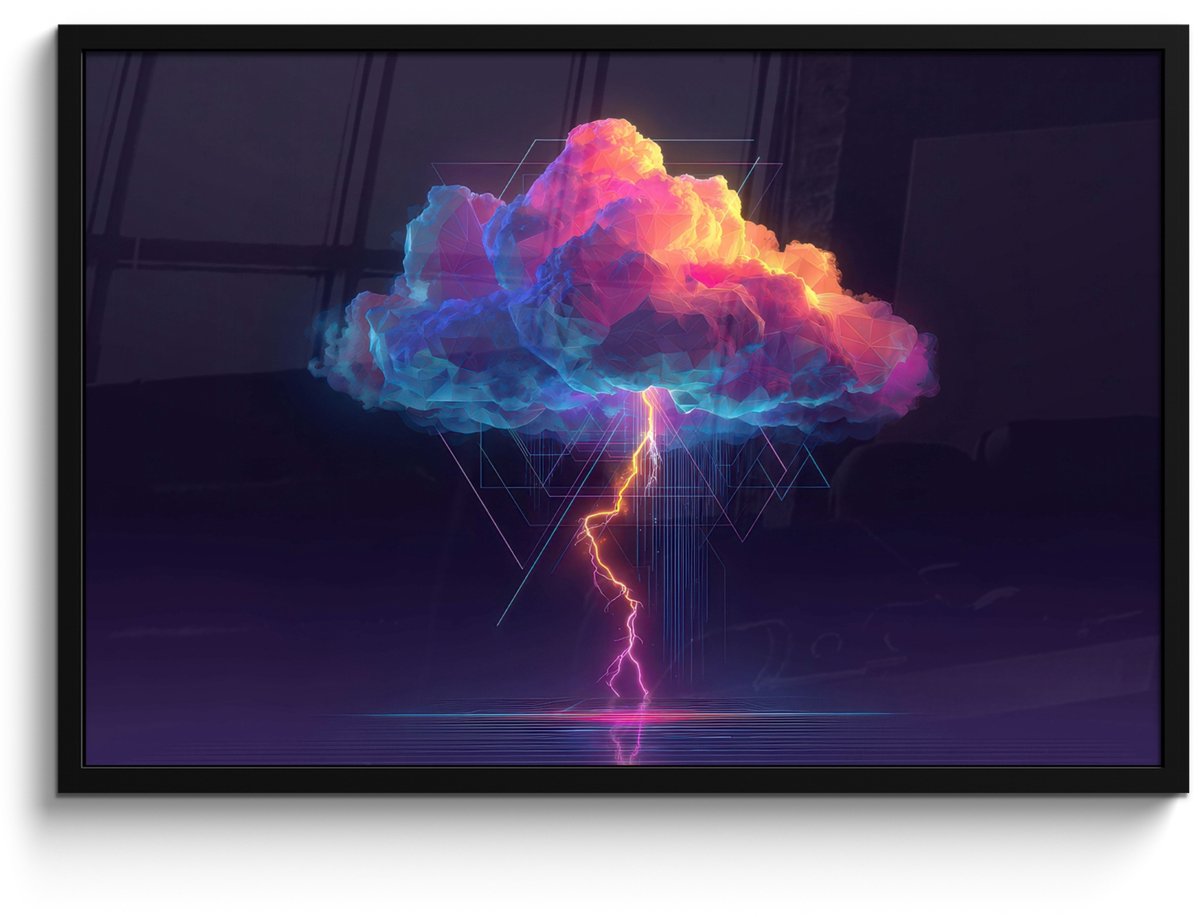 FrameYourWall Poster in lijst - Fotolijst 90x60 cm - Posters - Donderwolk - Bliksemschicht - Licht - Blauw - Posterlijst zwart - Decoratie - Wanddecoratie woonkamer - Muurdecoratie slaapkamer Wolk - Bliksemschicht - Driehoeken