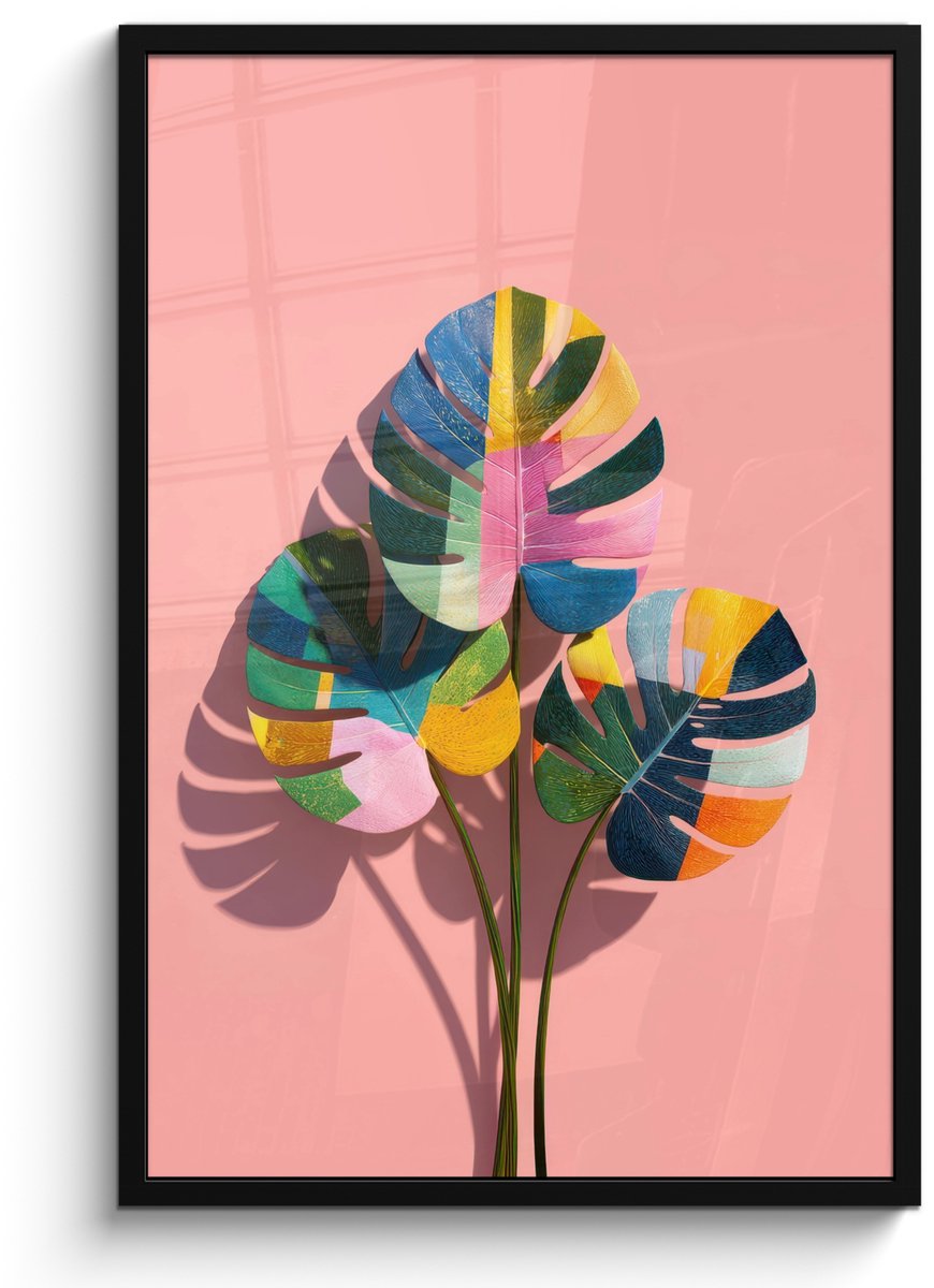 FrameYourWall Poster in lijst - Fotolijst 60x90 cm - Posters - Bladeren - Geschilderd - Vlakken - Kleurrijk - Posterlijst zwart - Decoratie - Wanddecoratie woonkamer - Muurdecoratie slaapkamer