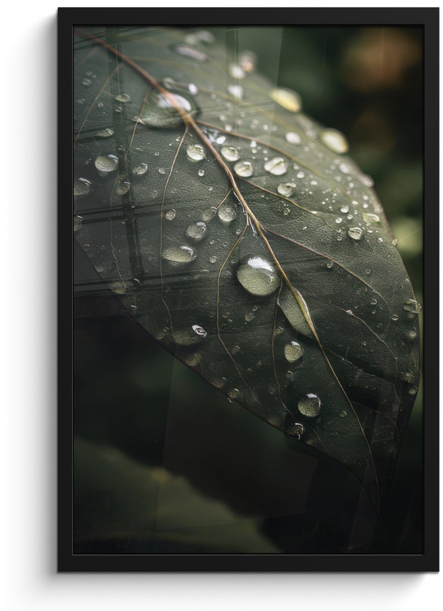 FrameYourWall Poster in lijst - Fotolijst 40x60 cm - Posters - Blad - Groen - Nerven - Regendruppels - Posterlijst zwart - Decoratie - Wanddecoratie woonkamer - Muurdecoratie slaapkamer