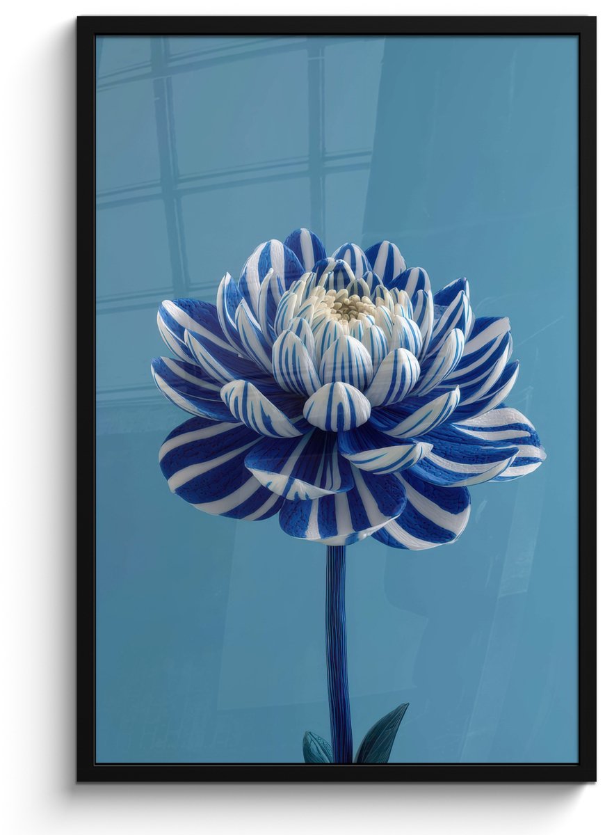 FrameYourWall Poster in lijst - Fotolijst 60x90 cm - Posters - Bloem - Blauw - Bloemblaadjes - Streepjes - Posterlijst zwart - Decoratie - Wanddecoratie woonkamer - Muurdecoratie slaapkamer