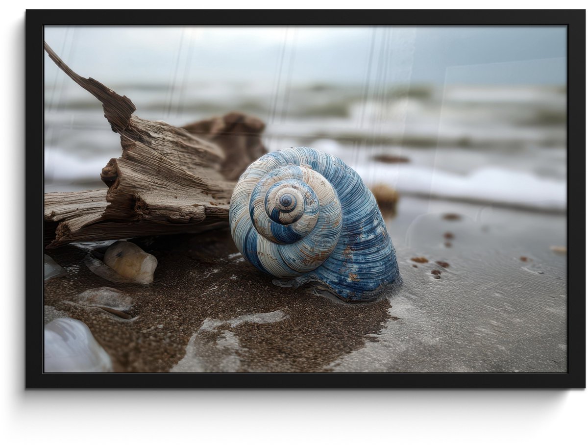 FrameYourWall Poster in lijst - Fotolijst 60x40 cm - Posters - Schelp - Strand - Blauw - Zee - Posterlijst zwart - Decoratie - Wanddecoratie woonkamer - Muurdecoratie slaapkamer
