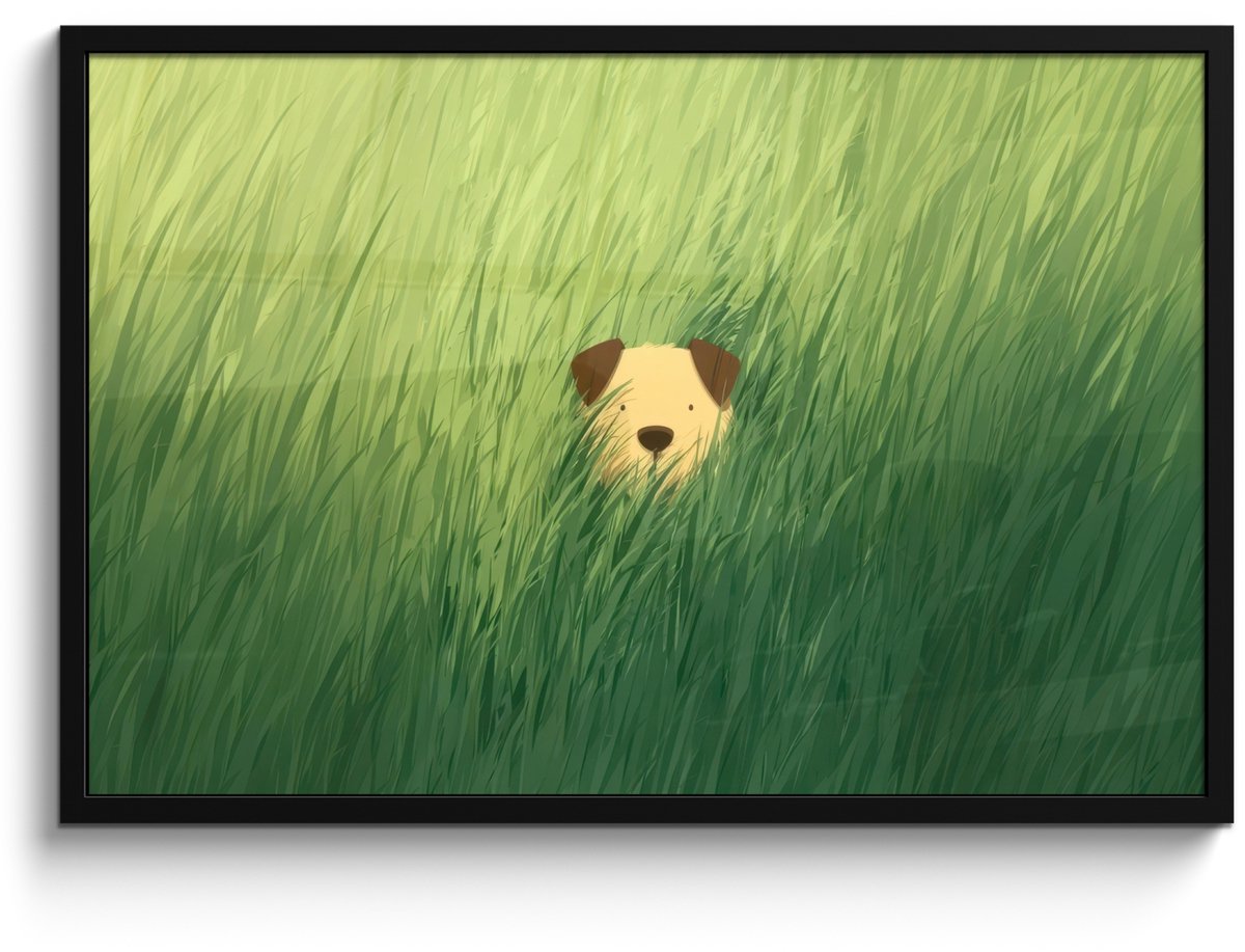 FrameYourWall Poster in lijst - Fotolijst 90x60 cm - Posters - Hondje - Gras - Oren - Bruin - Posterlijst zwart - Decoratie - Wanddecoratie woonkamer - Muurdecoratie slaapkamer - Kerstversiering - Kerstdecoratie voor binnen - Kerstmis