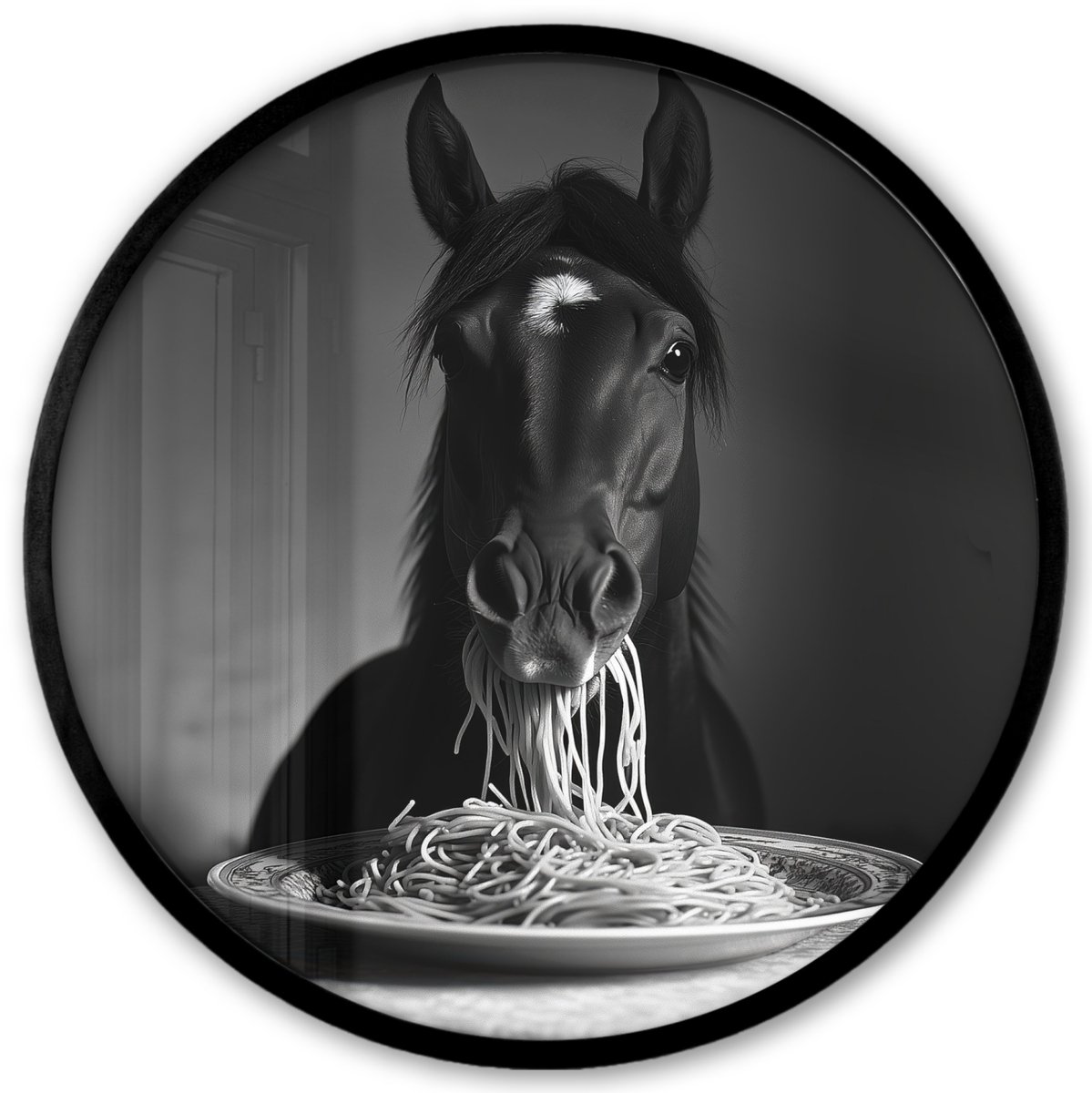 FrameYourWall Poster in lijst Rond - Fotolijst 40x40 cm - Posters - Paard - Bord - Pasta - Tafelkleed - Zwart Wit - Dieren - Ronde posterlijst zwart - Decoratie - Wanddecoratie woonkamer - Muurdecoratie slaapkamer