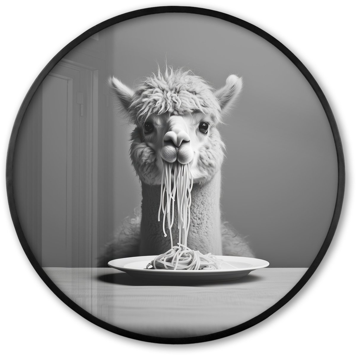 FrameYourWall Poster in lijst Rond - Fotolijst 80x80 cm - Posters - Alpaca - Pasta - Zwart - Wit - Grappig - Dieren - Ronde posterlijst zwart - Decoratie - Wanddecoratie woonkamer - Muurdecoratie slaapkamer
