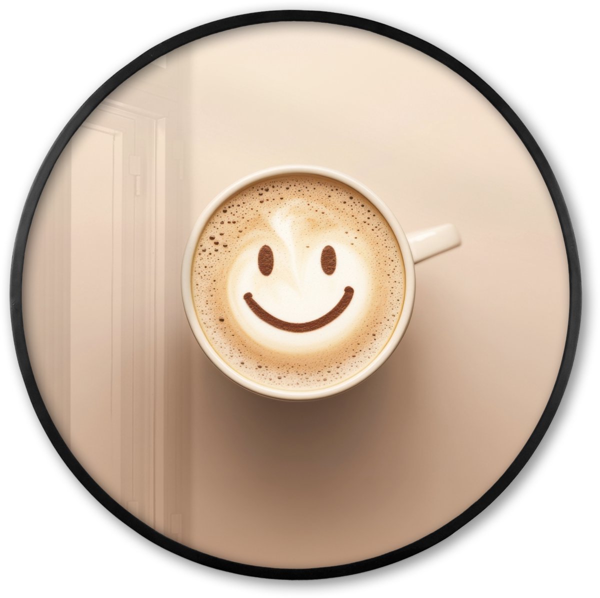 FrameYourWall Poster in lijst Rond - Fotolijst 80x80 cm - Posters - Koffie - Melkschuim - Lach - Beige - Ronde posterlijst zwart - Decoratie - Wanddecoratie woonkamer - Muurdecoratie slaapkamer