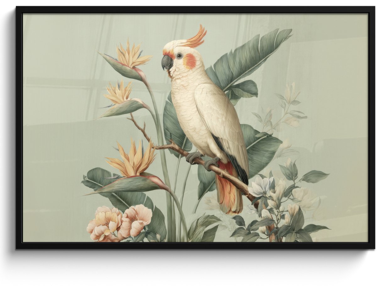 FrameYourWall Poster in lijst - Fotolijst 120x80 cm - Posters - Gele kuifkaketoe - paradijsvogelbloemen - Groen - Posterlijst zwart - Decoratie - Wanddecoratie woonkamer - Muurdecoratie slaapkamer