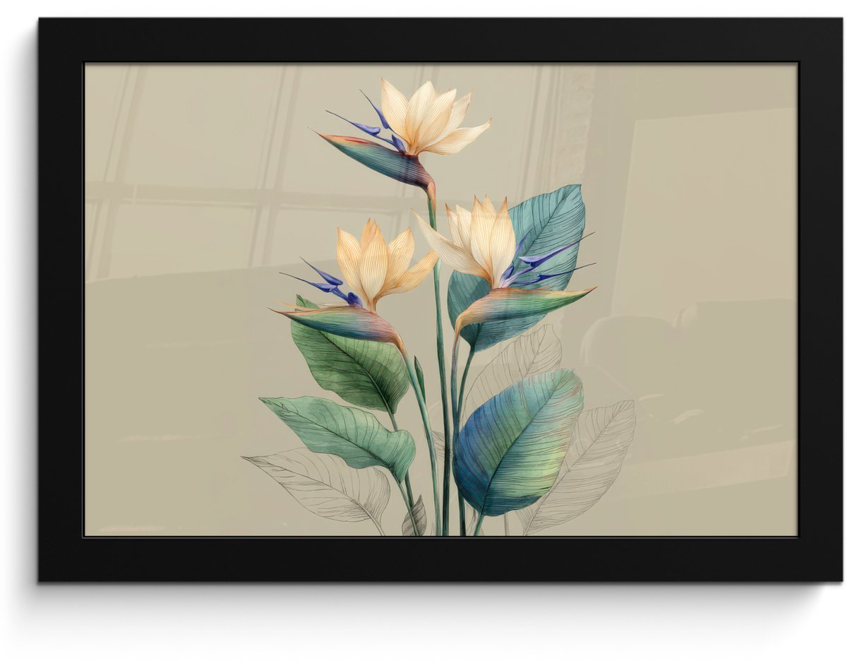 FrameYourWall Poster in lijst - Fotolijst 30x20 cm - Posters - Paradijsvogelbloemen - Blauwgroene bladeren - Beige - Posterlijst zwart - Decoratie - Wanddecoratie woonkamer - Muurdecoratie slaapkamer