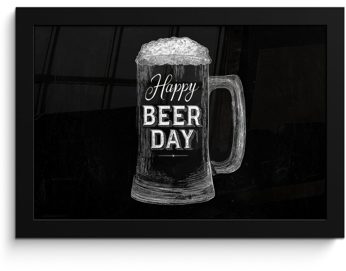 FrameYourWall Poster in lijst - Fotolijst 30x20 cm - Posters - Bierpul - Witte krijtletters - Happy beer day - Posterlijst zwart - Decoratie - Wanddecoratie woonkamer - Muurdecoratie slaapkamer Bierpul - Happy beer day