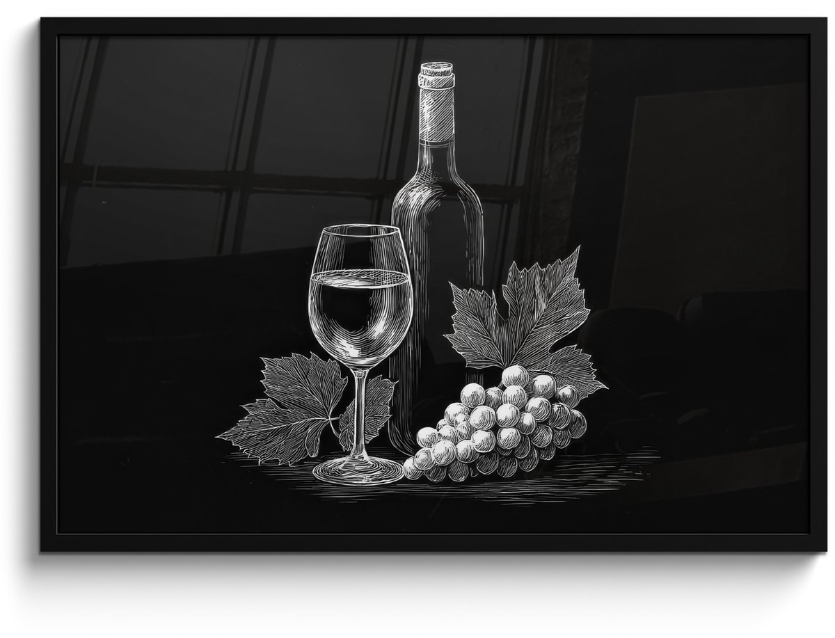 FrameYourWall Poster in lijst - Fotolijst 90x60 cm - Posters - Wijnfles - Glas - Druiven - Bladeren - Posterlijst zwart - Decoratie - Wanddecoratie woonkamer - Muurdecoratie slaapkamer Wijnfles - Druiven