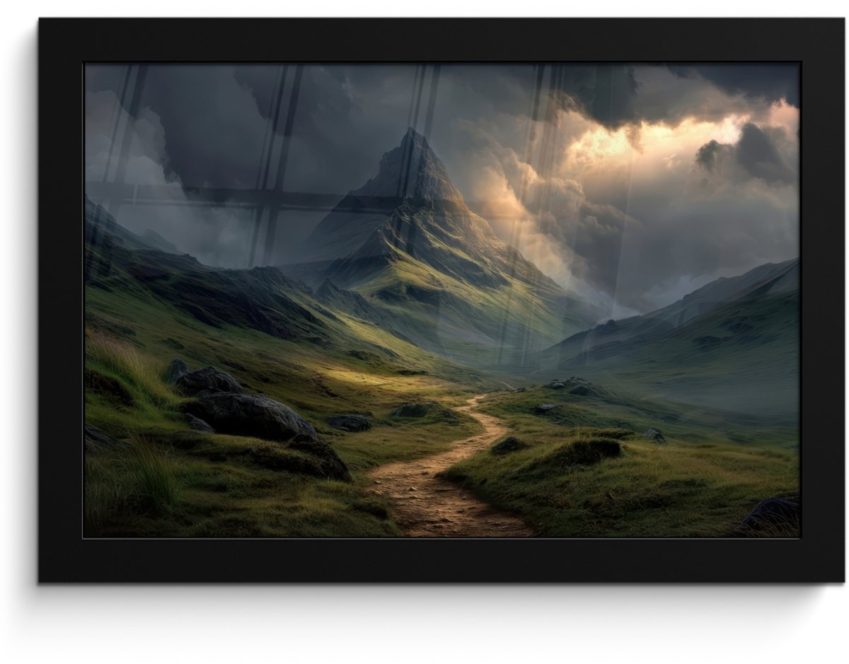 FrameYourWall Poster in lijst - Fotolijst 30x20 cm - Posters - Bergen - Kronkelpad - Groen - Wolken - Posterlijst zwart - Decoratie - Wanddecoratie woonkamer - Muurdecoratie slaapkamer Bergen - Pad - Wolken