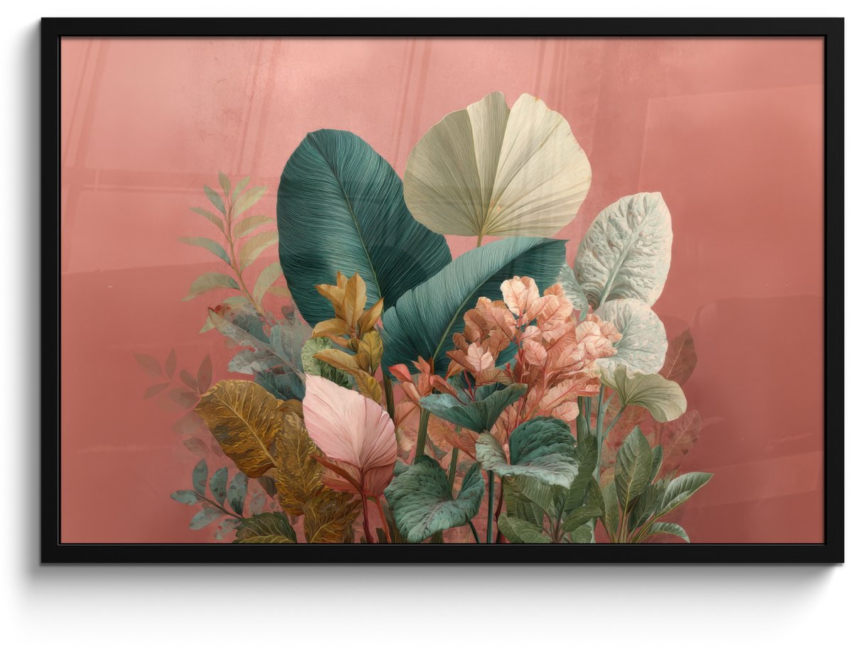 FrameYourWall Poster in lijst - Fotolijst 90x60 cm - Posters - Tropische bladeren - Bloemen - Roze - groen - Posterlijst zwart - Decoratie - Wanddecoratie woonkamer - Muurdecoratie slaapkamer Tropisch - Bladeren - Bloemen