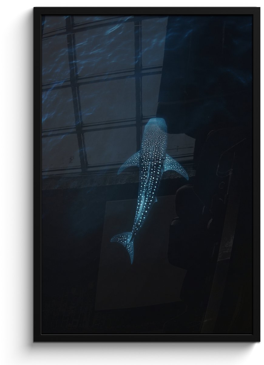 FrameYourWall Poster in lijst - Fotolijst 60x90 cm - Posters - Oceaan - Walvishaai - Donkerblauw - Vlekken - Posterlijst zwart - Decoratie - Wanddecoratie woonkamer - Muurdecoratie slaapkamer
