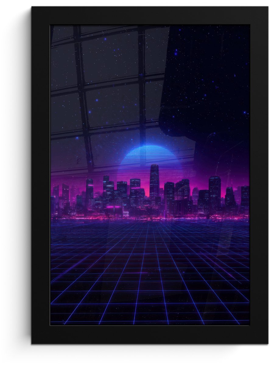 FrameYourWall Poster in lijst - Fotolijst 20x30 cm - Posters - Skyline - Zon - Neon - Rasterpatroon - Posterlijst zwart - Decoratie - Wanddecoratie woonkamer - Muurdecoratie slaapkamer Stad - Sterrenhemel - Neon
