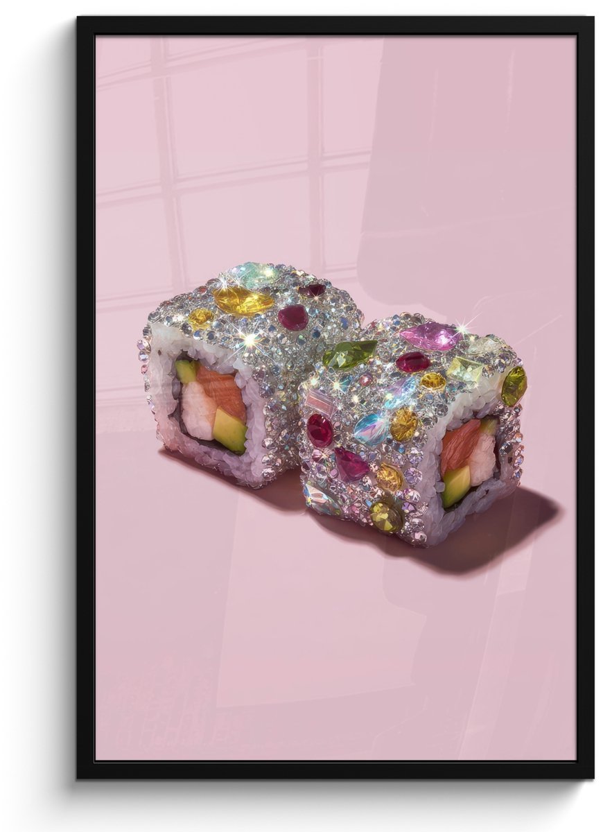FrameYourWall Poster in lijst - Fotolijst 60x90 cm - Posters - Sushi - Rolletjes - Steentjes - Kleurrijk - Posterlijst zwart - Decoratie - Wanddecoratie woonkamer - Muurdecoratie slaapkamer Sushi - Steentjes - Kleurrijk