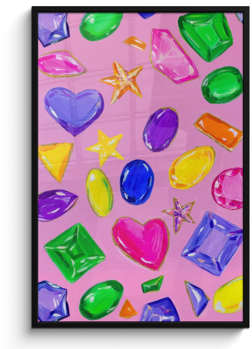 FrameYourWall Poster in lijst - Fotolijst 80x120 cm - Posters - Edelstenen - Vormen - Hartje - Kleurrijk - Posterlijst zwart - Decoratie - Wanddecoratie woonkamer - Muurdecoratie slaapkamer Vormen - Kleurrijk
