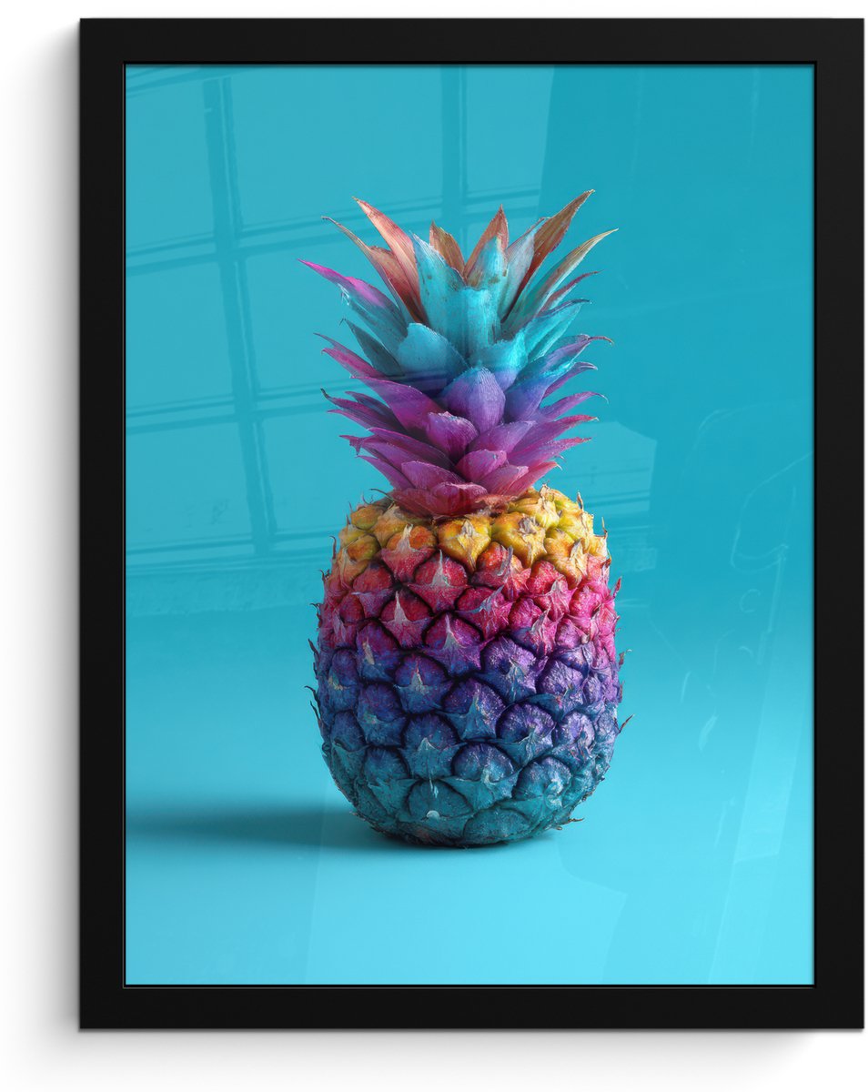FrameYourWall Poster in lijst - Fotolijst 30x40 cm - Posters - Ananas - Regenboog - Blauw - Popart - Posterlijst zwart - Decoratie - Wanddecoratie woonkamer - Muurdecoratie slaapkamer