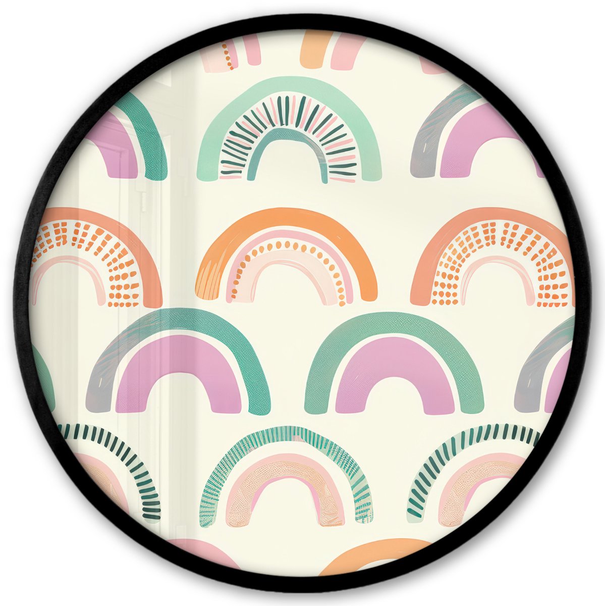 FrameYourWall Poster in lijst Rond - Fotolijst 40x40 cm - Posters - Regenboog - Pastel - Patroon - Ronde posterlijst zwart - Decoratie - Wanddecoratie woonkamer - Muurdecoratie slaapkamer Regenbogen - Stippen - Strepen