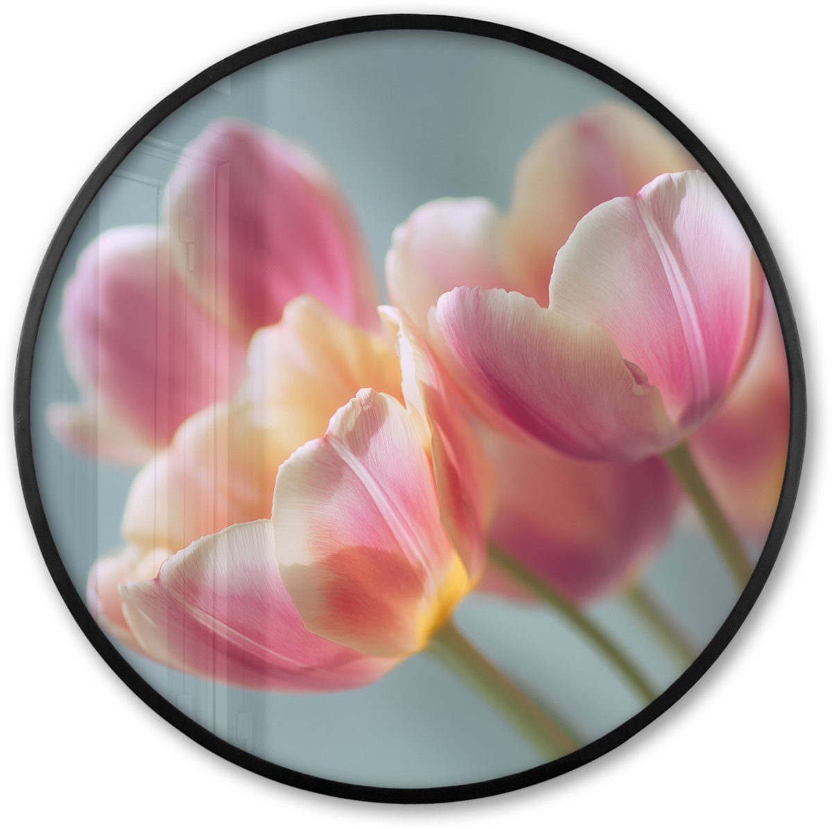 FrameYourWall Poster in lijst Rond - Fotolijst 60x60 cm - Posters - Tulpen - Roze - Stelen - Ronde posterlijst zwart - Decoratie - Wanddecoratie woonkamer - Muurdecoratie slaapkamer Tulpen - Stelen