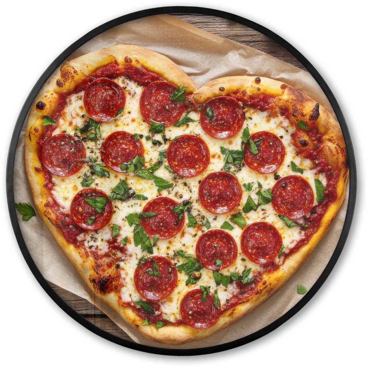 FrameYourWall Poster in lijst Rond - Fotolijst 80x80 cm - Posters - Pizza - Hart - Pepperoni - Tomaat - Ronde posterlijst zwart - Decoratie - Wanddecoratie woonkamer - Muurdecoratie slaapkamer