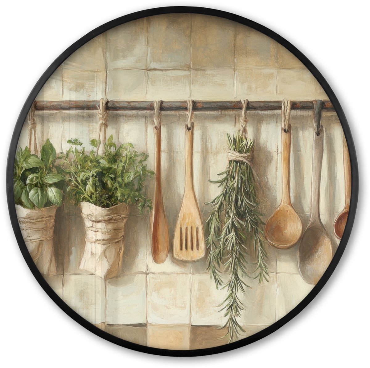 FrameYourWall Poster in lijst Rond - Fotolijst 60x60 cm - Posters - Hout - Keukengerei - Stilleven - Tegels - Ronde posterlijst zwart - Decoratie - Wanddecoratie woonkamer - Muurdecoratie slaapkamer Houten keukengerei - Stilleven