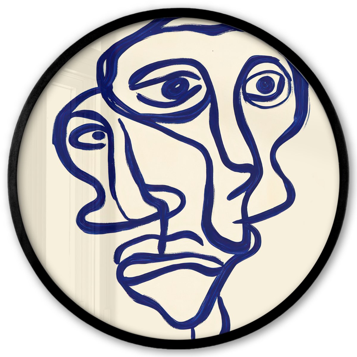 FrameYourWall Poster in lijst Rond - Fotolijst 40x40 cm - Posters - Lijntekening - Overlappende gezichten - Donkerblauw - Ronde posterlijst zwart - Decoratie - Wanddecoratie woonkamer - Muurdecoratie slaapkamer Overlappend - Gezichten