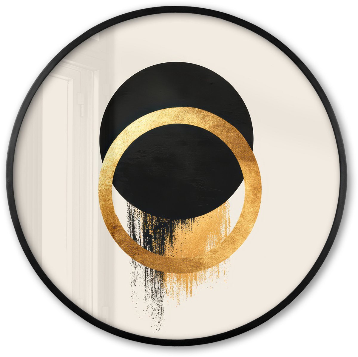 FrameYourWall Poster in lijst Rond - Fotolijst 80x80 cm - Posters - Abstract ontwerp - Zwarte cirkel - Verfvlekken - Ronde posterlijst zwart - Decoratie - Wanddecoratie woonkamer - Muurdecoratie slaapkamer Cirkels - Verfvlekken