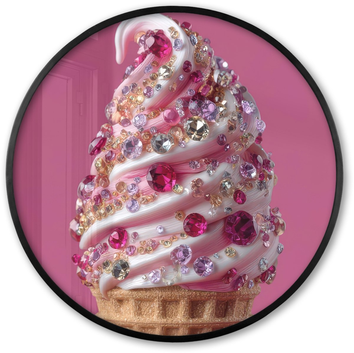 FrameYourWall Poster in lijst Rond - Fotolijst 60x60 cm - Posters - Softijs - Edelstenen - Roze - Hoorntje - Ronde posterlijst zwart - Decoratie - Wanddecoratie woonkamer - Muurdecoratie slaapkamer