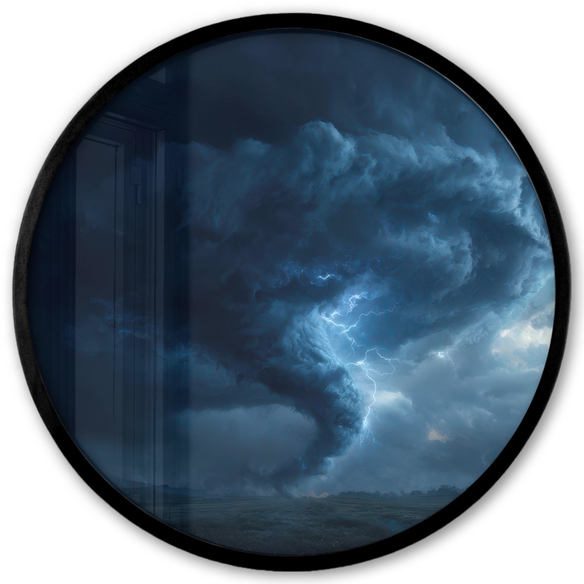 FrameYourWall Poster in lijst Rond - Fotolijst 40x40 cm - Posters - Tornado - Duister - Wolken - Ronde posterlijst zwart - Decoratie - Wanddecoratie woonkamer - Muurdecoratie slaapkamer Tornado - Bliksem