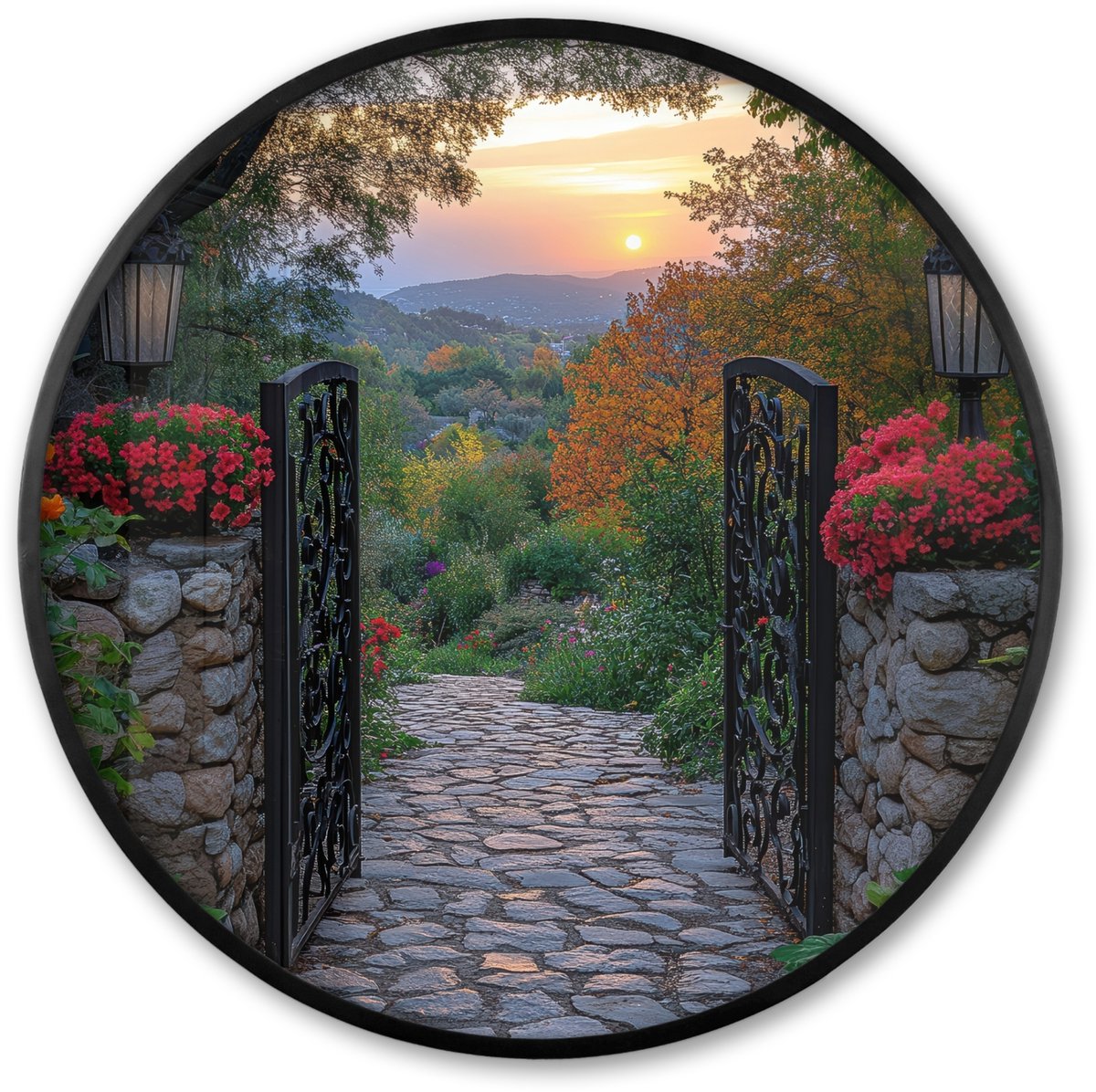 FrameYourWall Poster in lijst Rond - Fotolijst 60x60 cm - Posters - Landschap - Hek - Pad - Zonsondergang - Natuur - Ronde posterlijst zwart - Decoratie - Wanddecoratie woonkamer - Muurdecoratie slaapkamer Hek - Uitzicht