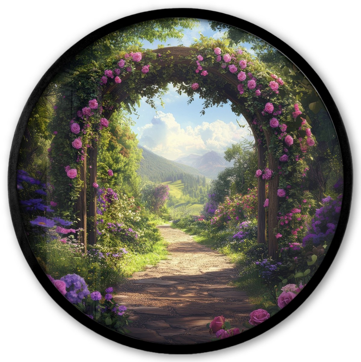 FrameYourWall Poster in lijst Rond - Fotolijst 40x40 cm - Posters - Doorkijk - Rozenboog - Uitzicht - Landschap - Bloemen - Ronde posterlijst zwart - Decoratie - Wanddecoratie woonkamer - Muurdecoratie slaapkamer Tuinboog - Bloemen