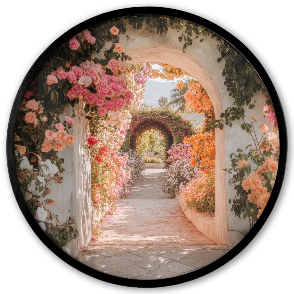 FrameYourWall Poster in lijst Rond - Fotolijst 40x40 cm - Posters - Doorkijk - Boog - Bloemen - Pastel - Ronde posterlijst zwart - Decoratie - Wanddecoratie woonkamer - Muurdecoratie slaapkamer Boog - Zomers