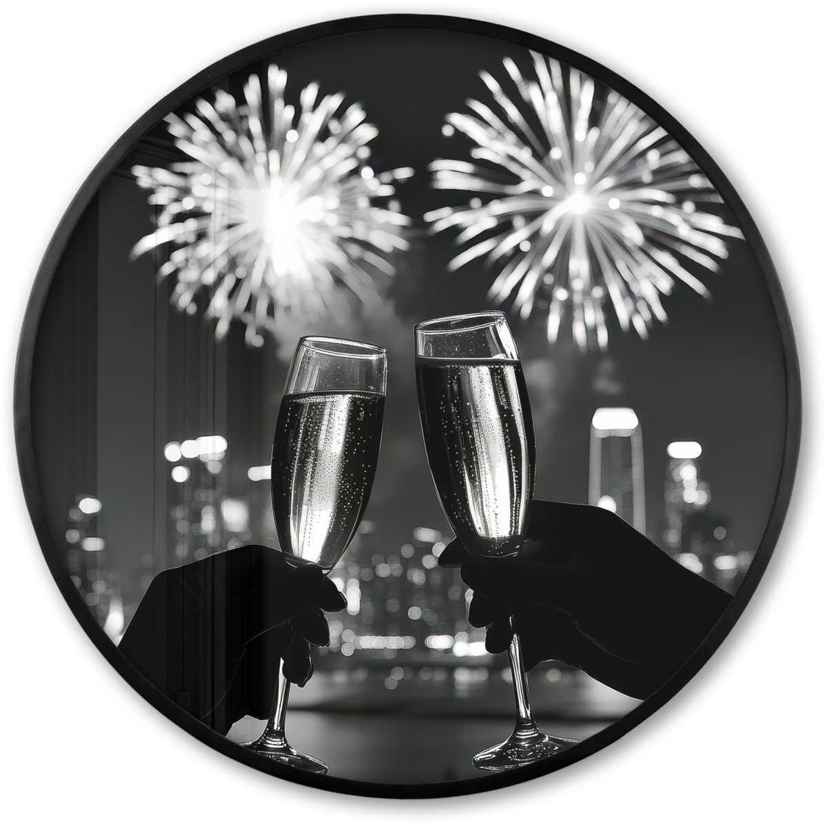 FrameYourWall Poster in lijst Rond - Fotolijst 60x60 cm - Posters - Vuurwerk - Proosten - Skyline - Champagne - Ronde posterlijst zwart - Decoratie - Wanddecoratie woonkamer - Muurdecoratie slaapkamer Proost - Vuurwerk