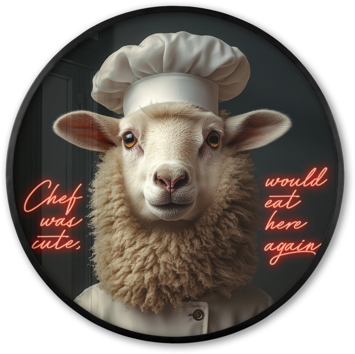 FrameYourWall Poster in lijst Rond - Fotolijst 80x80 cm - Posters - Schaap - Kokskleding - Neon - Quote - Ronde posterlijst zwart - Decoratie - Wanddecoratie woonkamer - Muurdecoratie slaapkamer Multicolor