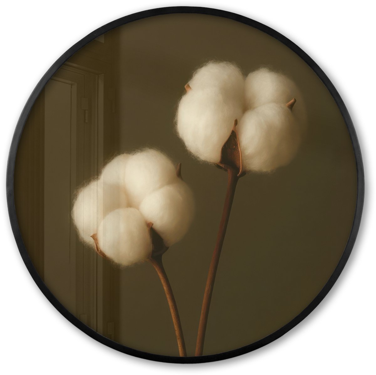 FrameYourWall Poster in lijst Rond - Fotolijst 80x80 cm - Posters - Takken - Katoen - Wit - Bollen - Ronde posterlijst zwart - Decoratie - Wanddecoratie woonkamer - Muurdecoratie slaapkamer