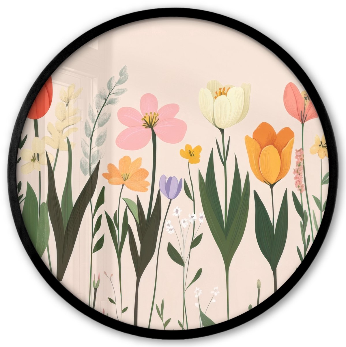 FrameYourWall Poster in lijst Rond - Fotolijst 40x40 cm - Posters - Pasteltinten - Bloemen - Illustratie - Ronde posterlijst zwart - Decoratie - Wanddecoratie woonkamer - Muurdecoratie slaapkamer