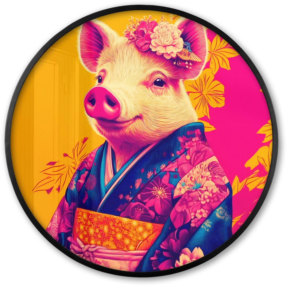FrameYourWall Poster in lijst Rond - Fotolijst 60x60 cm - Posters - Varken - Bloemkroon - Kimono - Abstract - Ronde posterlijst zwart - Decoratie - Wanddecoratie woonkamer - Muurdecoratie slaapkamer