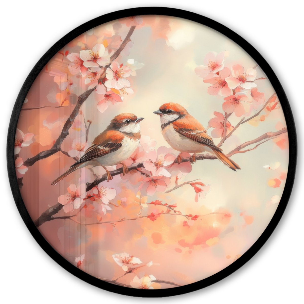 FrameYourWall Poster in lijst Rond - Fotolijst 40x40 cm - Posters - Vogels - Romantic - Bloesemtak - Ronde posterlijst zwart - Decoratie - Wanddecoratie woonkamer - Muurdecoratie slaapkamer Vogels - Bloesemtak