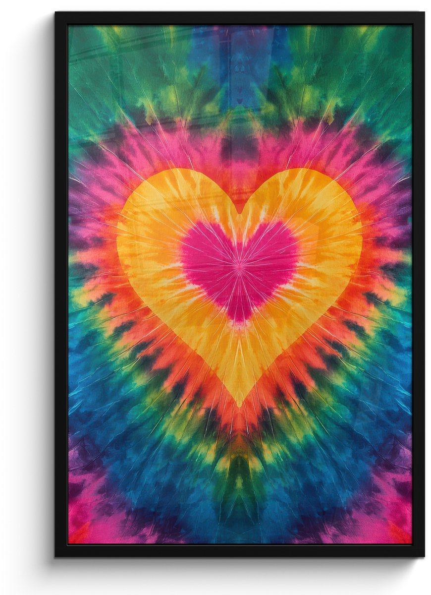 FrameYourWall Poster in lijst - Fotolijst 60x90 cm - Posters - Hart - Tie Dye - Kleurrijk - Posterlijst zwart - Decoratie - Wanddecoratie woonkamer - Muurdecoratie slaapkamer Multicolor