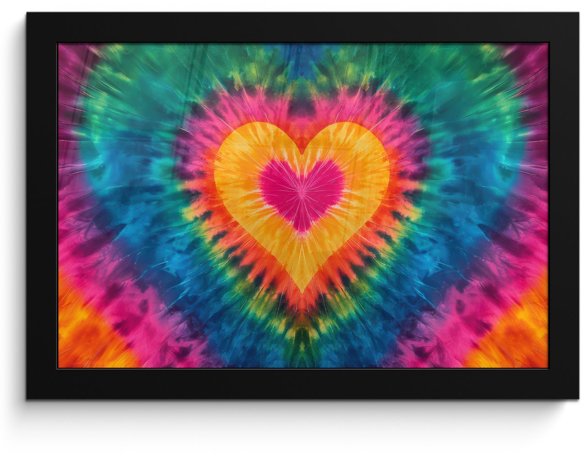 FrameYourWall Poster in lijst - Fotolijst 30x20 cm - Posters - Hart - Tie Dye - Kleurrijk - Posterlijst zwart - Decoratie - Wanddecoratie woonkamer - Muurdecoratie slaapkamer Multicolor