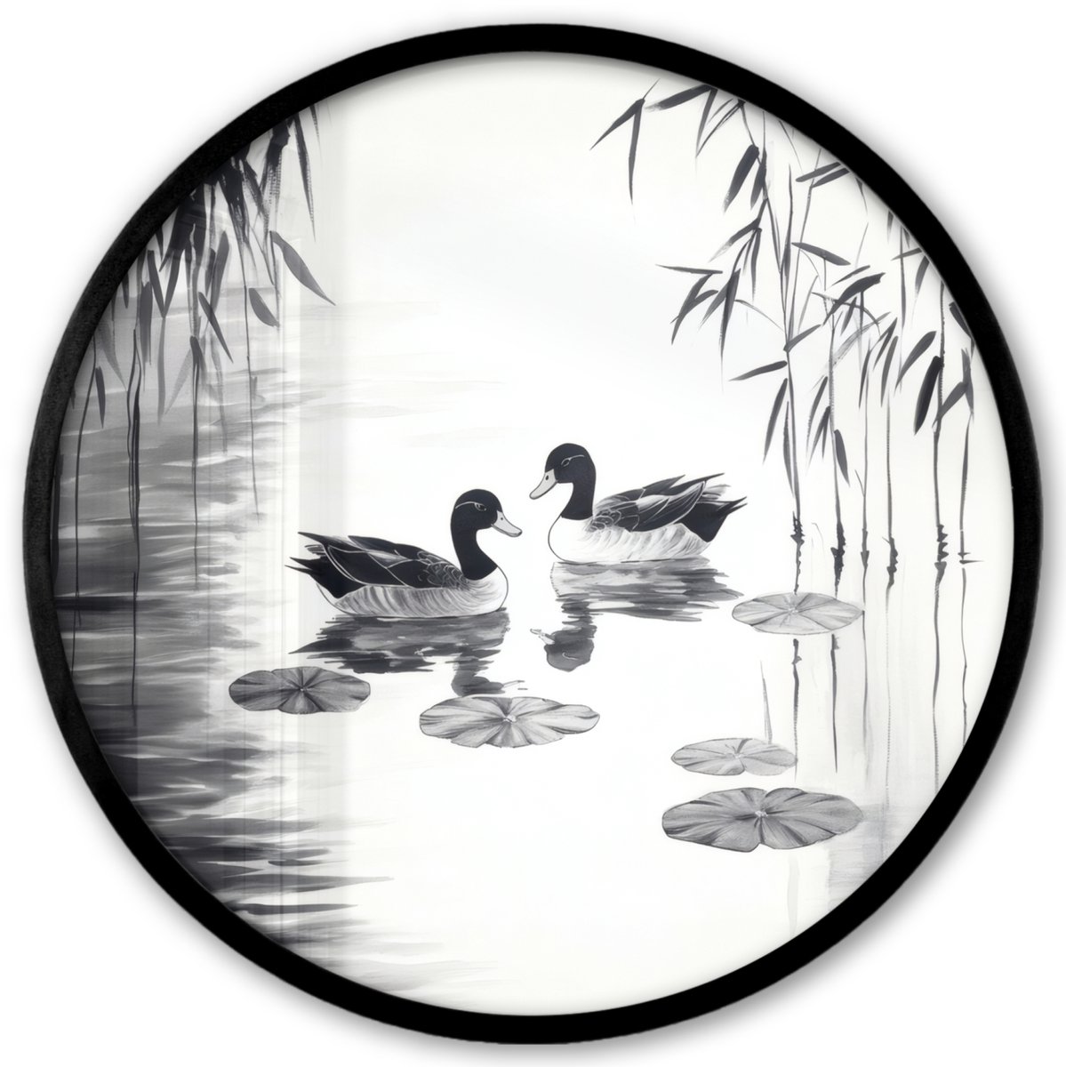 FrameYourWall Poster in lijst Rond - Fotolijst 40x40 cm - Posters - Eenden - Waterlelies - Riet - Zwart - Ronde posterlijst zwart - Decoratie - Wanddecoratie woonkamer - Muurdecoratie slaapkamer