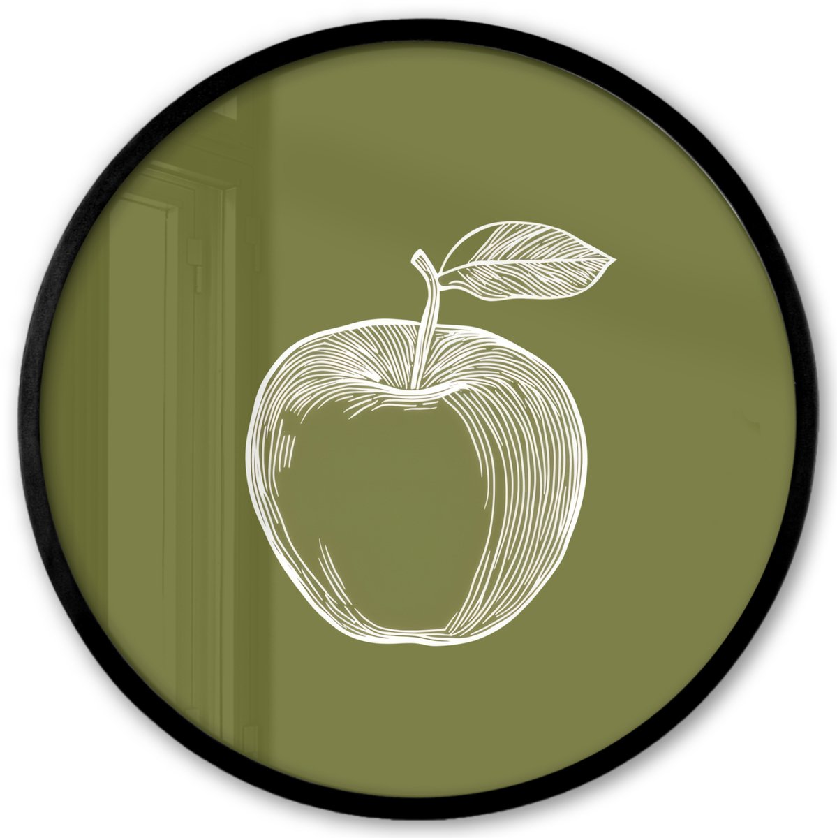 FrameYourWall Poster in lijst Rond - Fotolijst 40x40 cm - Posters - Lijntekening - Appel - Olijfgroen - Blaadje - Ronde posterlijst zwart - Decoratie - Wanddecoratie woonkamer - Muurdecoratie slaapkamer
